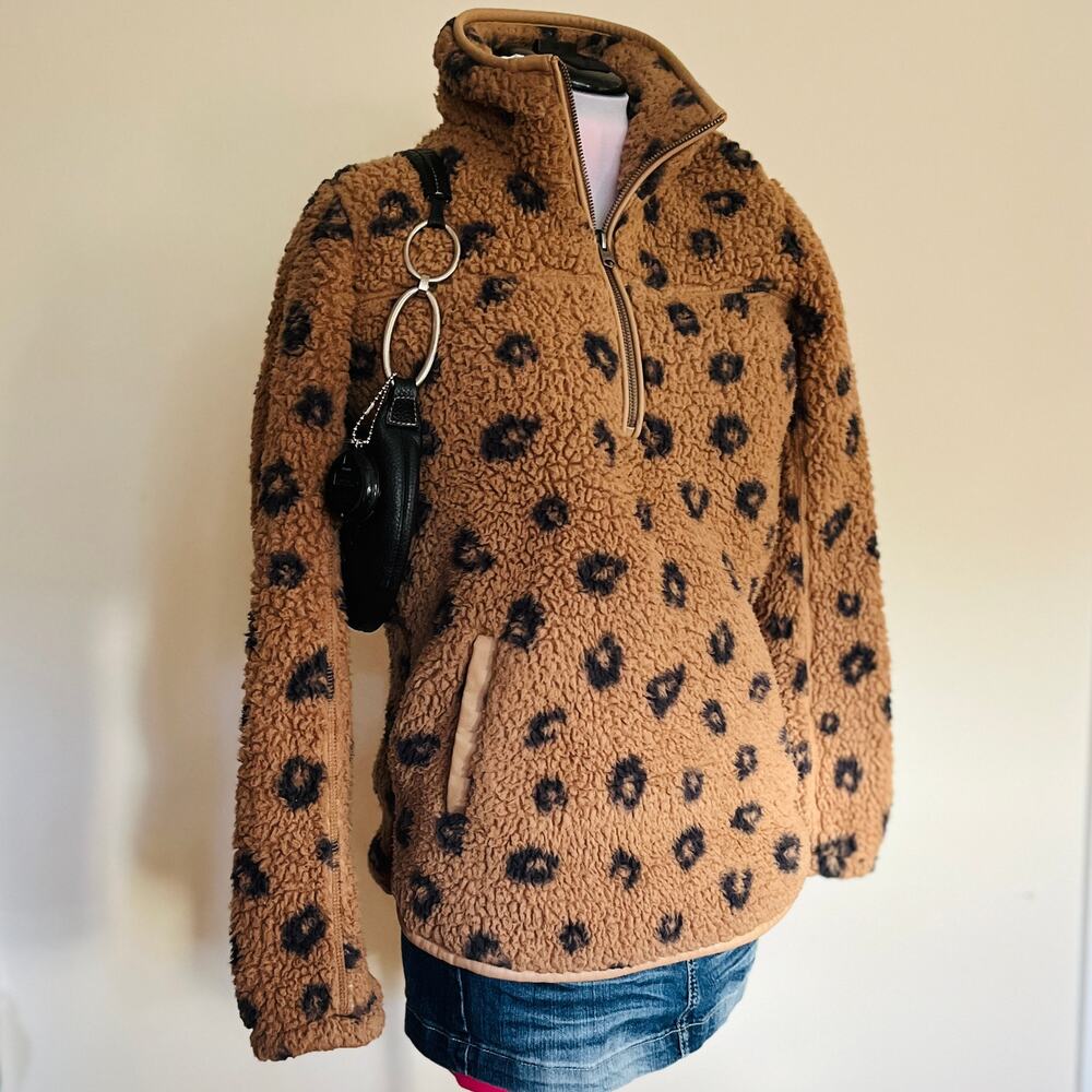 Abercrombie & Fitch | Faux Shearling Leopard Print Quarter Zip Jacket | Size S